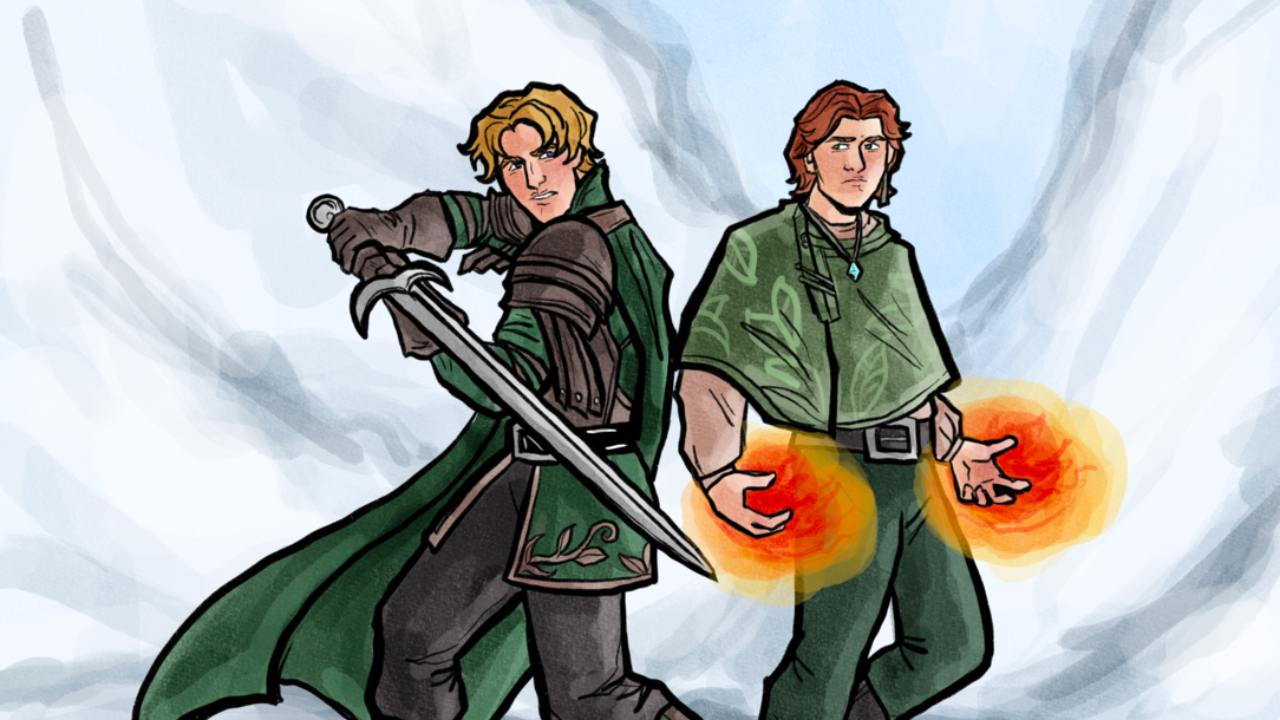 An illustration of Koralo and Delfen, two characters from Crystals of Ulstra by Bradley Bowen.